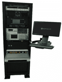 Universal Test Rack A computer tower with a keyboard and monitor on top.